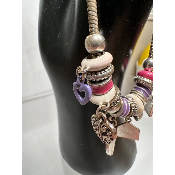 Silver Charm Bracelet Pink Purple Accents Heart Bag Pendants Design Womens - Picture 2 of 14